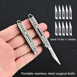 Faca cirúrgica dobrável portátil de aço inoxidável, Medical EDC, Outdoor Unboxing Pocket Knife, 10 lâminas substituíveis