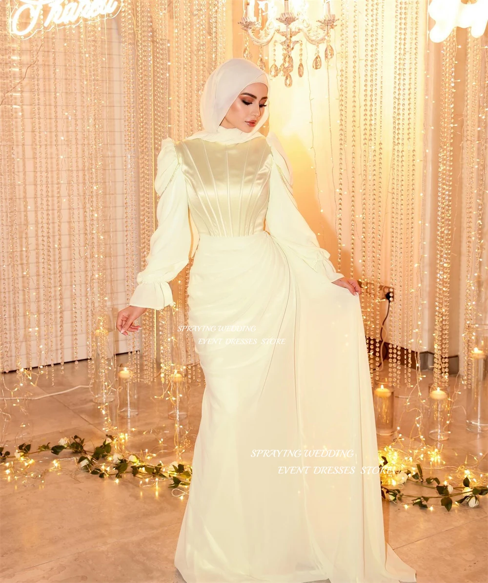 SPRAYING Muslim Mermaid Evening Dress Long Sleeve High Neck Prom Gown Organza Pleats Formal Occasion Dresses With Veil