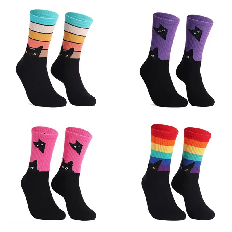 1 Pair Cat Pattern Mid-calf Socks Rainbow Strip Casual Women’s Socks