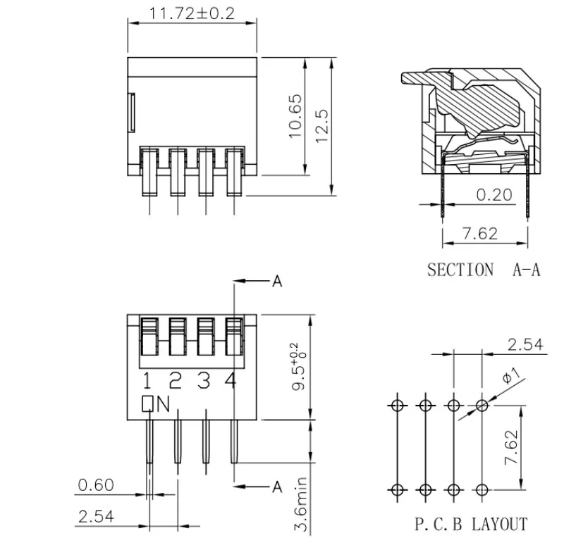 10 Stück DIP-Schalter im Klavierdesign, 2,54 mm Rastermaß, seitliche Bedienung, 2P 1/2/3/4/5/6/8 Positionen, Durchsteckmontage, Rot/Blau erhältlich – Detail 4