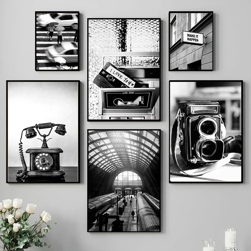 Black Retro Cassette Tape Camera Typewriter Railway Station Poster Wall Art Pictures Canvas Painting Living Room Home Decor