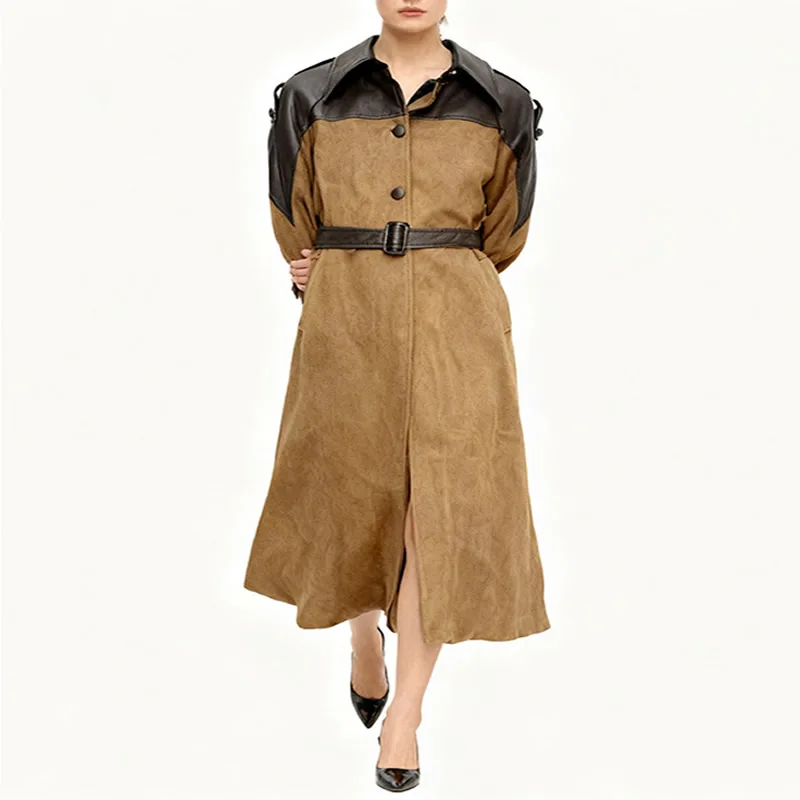 

New Women Leather Patchwork Coat Fashion Outside Coat With Belt