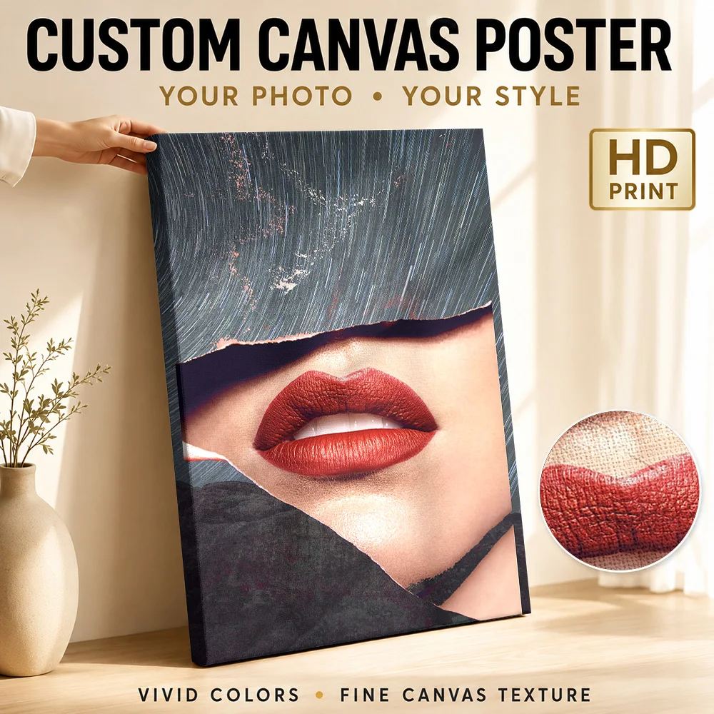 Meteor Shower Lips Framed Canvas Print Poster Customized Photo Modern Aesthetic Canvas Wall Art for Office Decor Ready to Hang