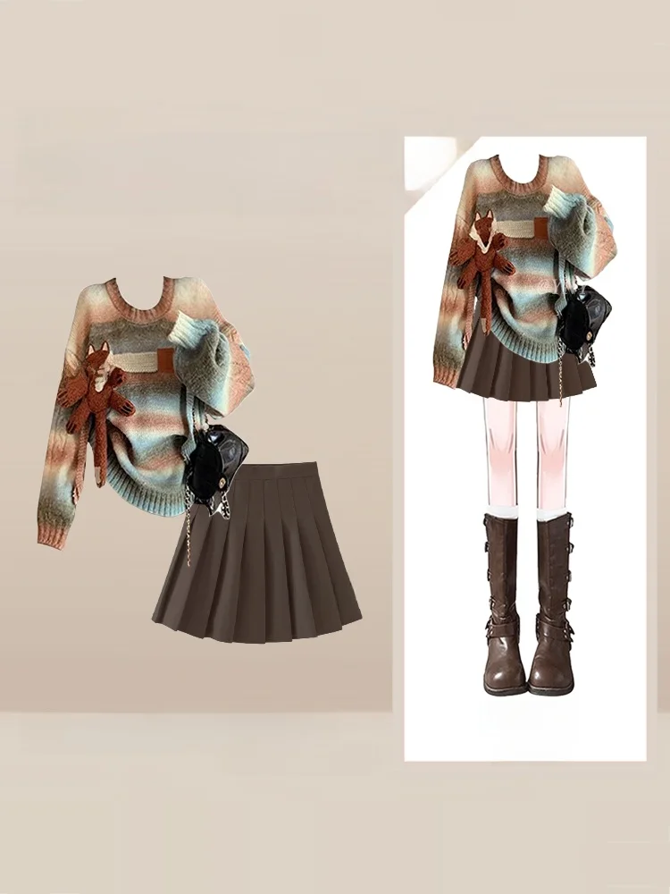 

Color Blo Knitwear Skirt Set Women's Autumn Winter Faion College Sle Stripe Pattern Long Sve ort Skirt Ensemble