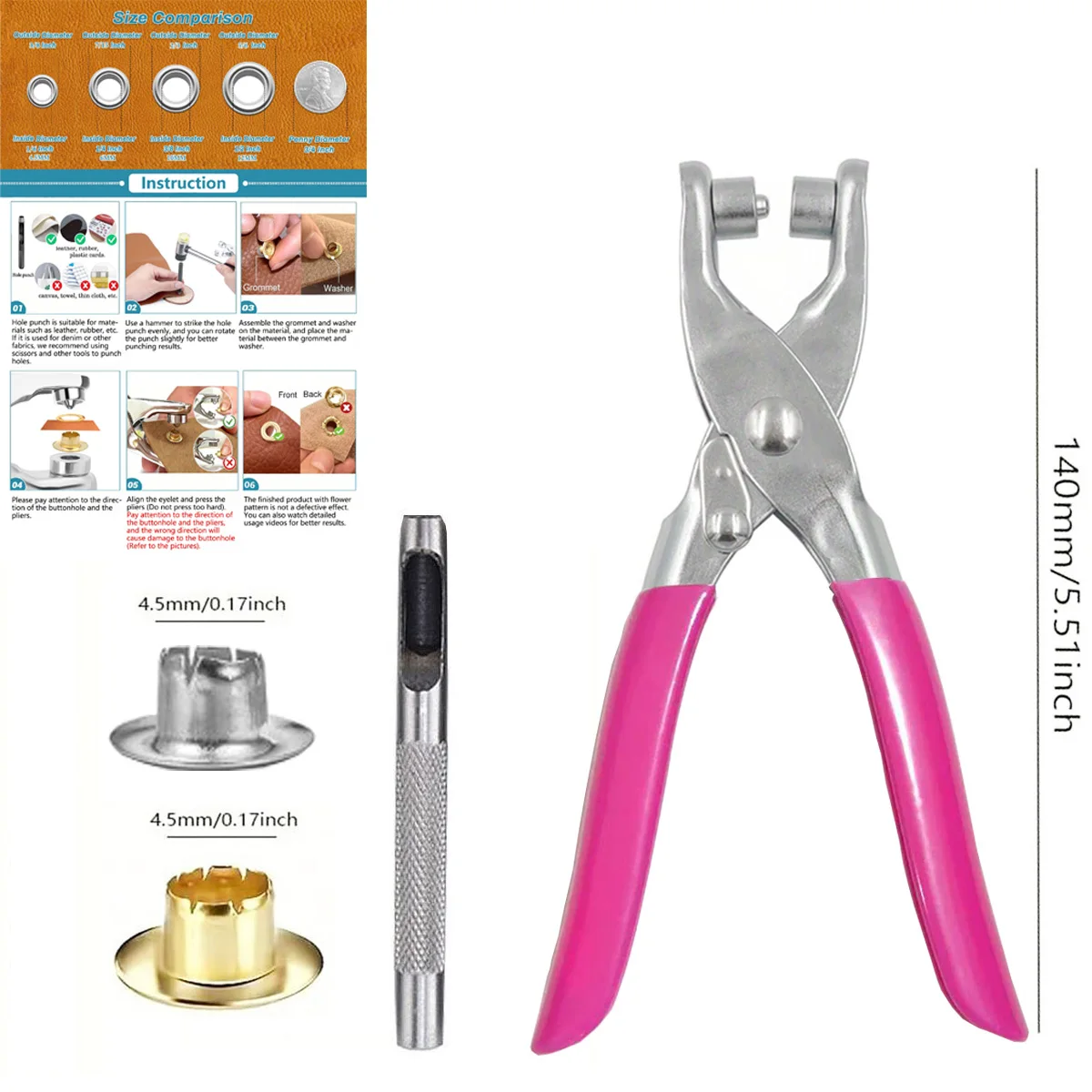 4.5mm inner diameter Eyelet Tool Kit with Pliers, Grommets & Washers for Leather Belt Shoes Crafts Canvas - view 4