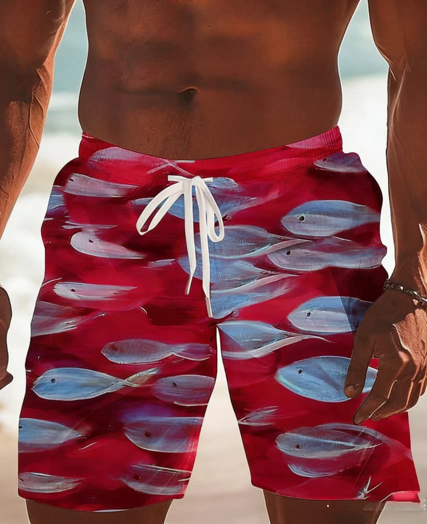 

Ocean Vibe School Of Fish Print Beach Shorts Stylish Chic Relaxed Outfit Wear Perfect For Summer Holidays And Daily Looks