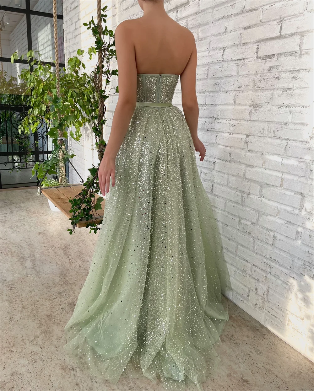 Amanda Glitter Evening Dress Shiny Strapless Prom Dress 2023 Sexy A-line Party Dress Green Sequin Side Split Prom Gown