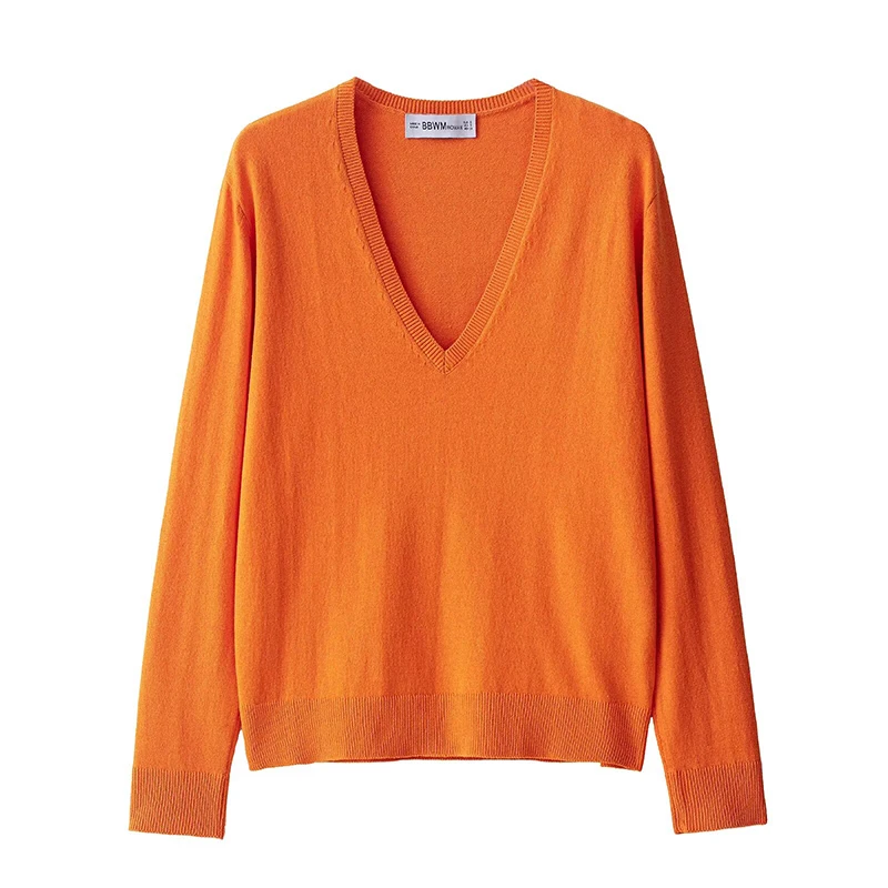 

Willshela Women Fashion Orange Knitted Pullover Sweater Vintage V-Neck Long Sleeves Female Chic Lady Tops