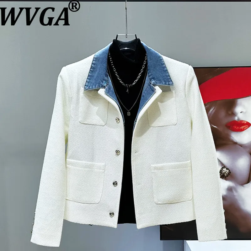 

WVGA Spring Autumn New Man High-End Patchwork Denim Fake Two-Piece Trendy Padded Shoulder korean Style Jacket Casual Tops W12089