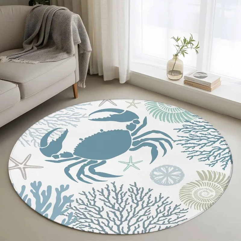 Round Nautical Seahorse Carpet Starfish Fish Love Letter Pattern Rug Vintage Coastal Living Room Decorative Anti-slip Floor Mat