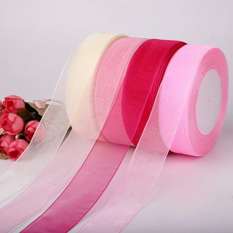 (50Yards/roll) (25mm) Sheer Chiffon Ribbon DIY Gift Packaging Craft Wedding Birthday Invitation Candy Box Bow Wrapping Ribbon