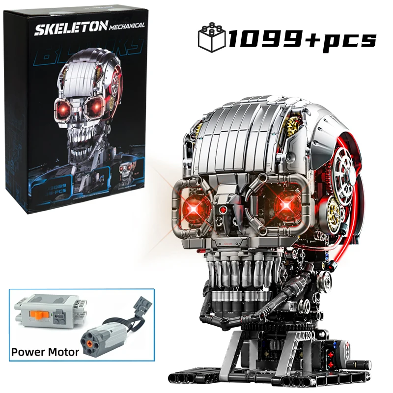 

FUNXINEE 1099Pcs Motorized Skeleton Head Bricks Light Moving Parts Construction Set MOC Tech Model Creative Desk Decor Gift Box