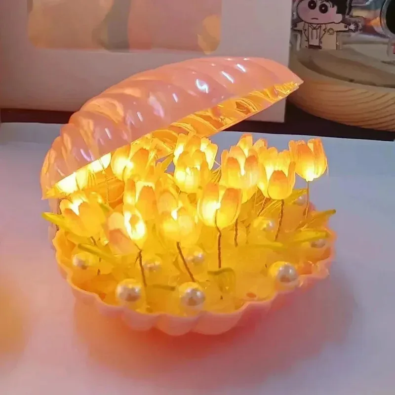 صدف بلاستيكي DIY وإضاءة ليلية توليب - ديكور متوهج مصنوع يدويًا لطاولة السرير