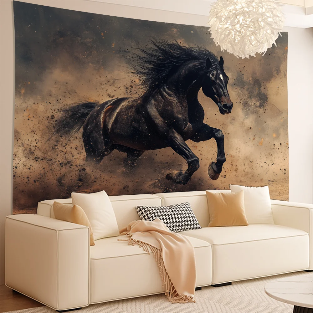 Majestic Black Horse Tapestry Wall Hanging, Rearing Stallion in Dust Storm, Dynamic Animal Art Decor for Living Room