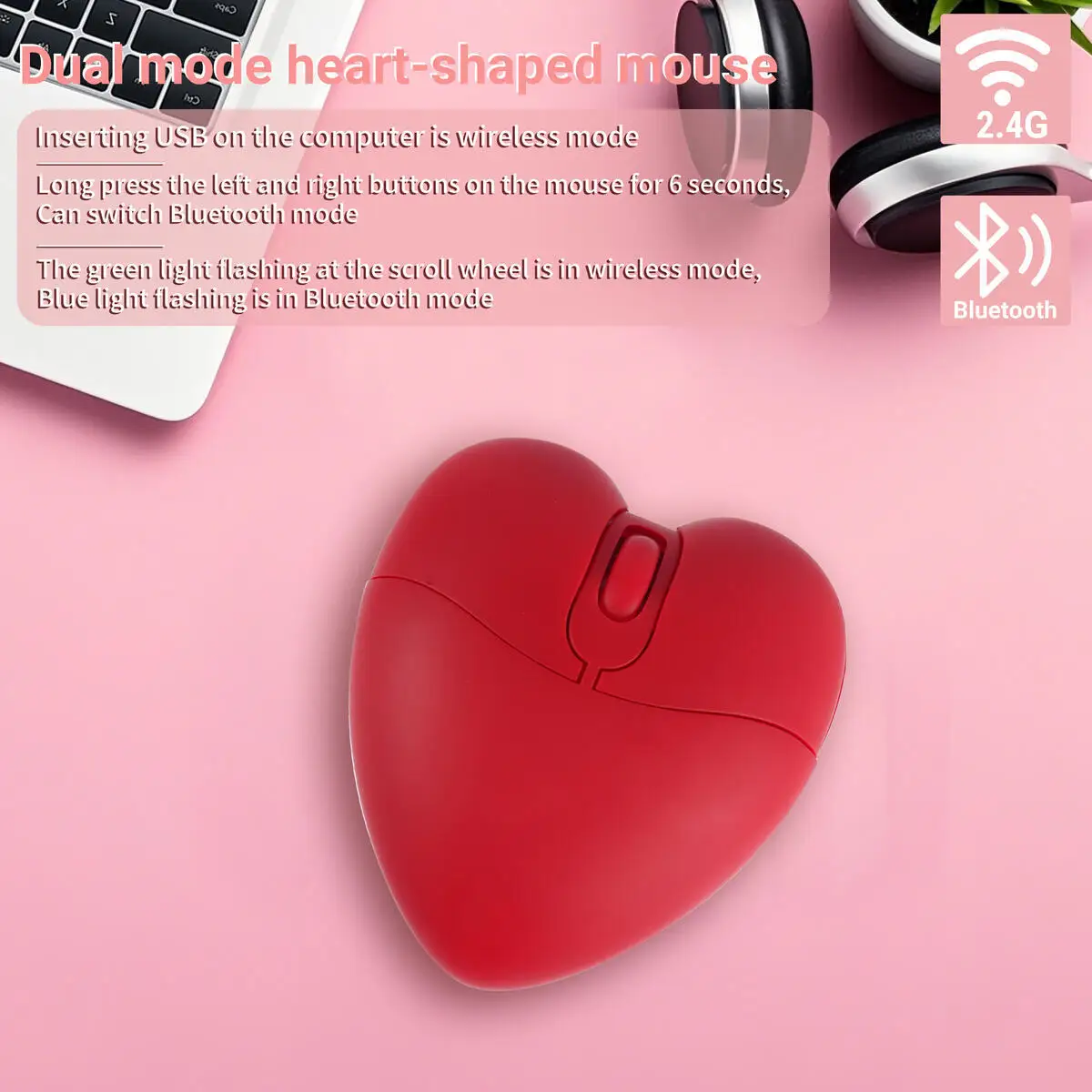 Wireless 2.4G Bluetooth Dual-mode Mouse Love Shape Cute Mouse Comfortable Grip Office Use Mause Widely Compatible Mice