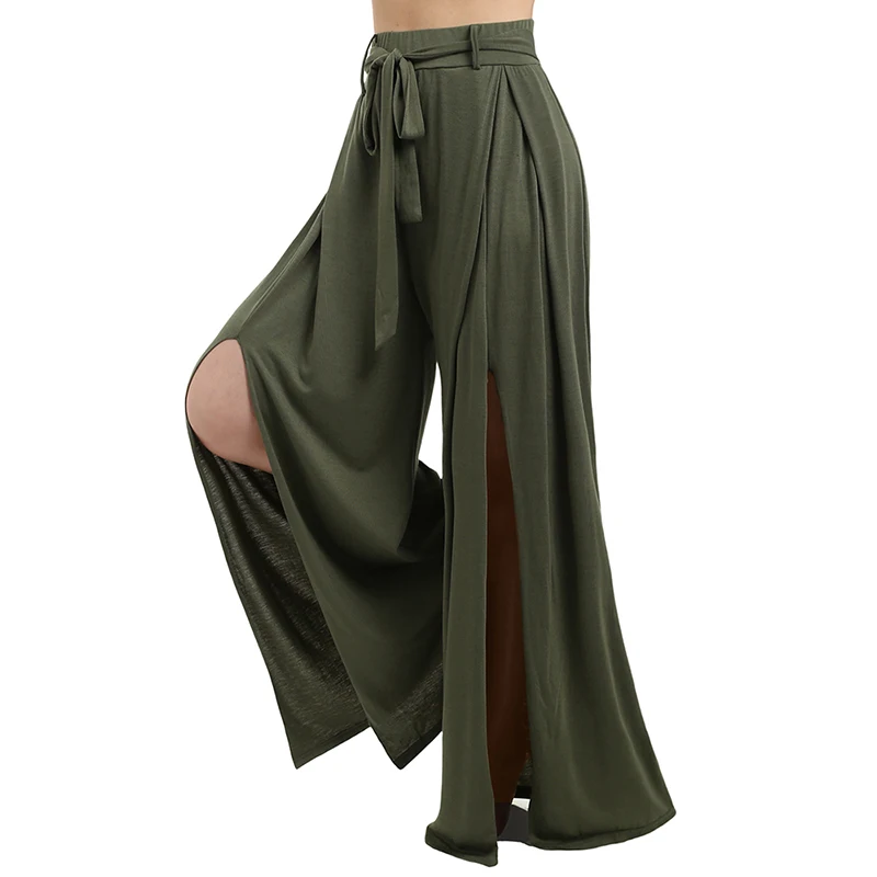 Women's Wide Leg Pants Solid Color Slit Self Belt Floaty Wide Leg Pants Summer Casual Pants Pantalones De Mujer