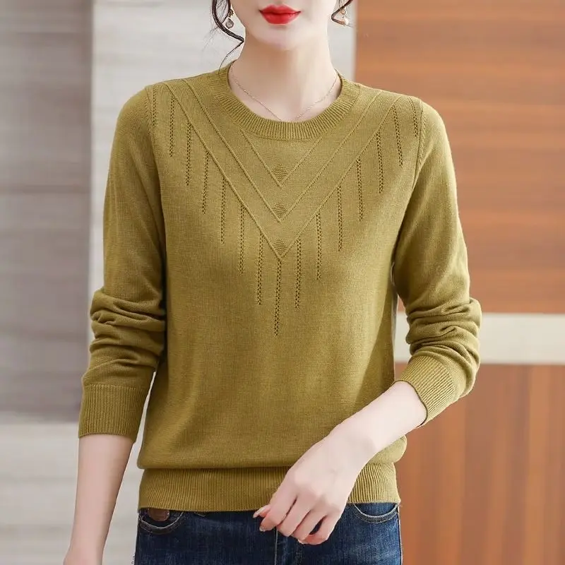 Hook Flower Hollow Autumn Winter Solid Color Pullover Long Sleeve Elegant Sweater Knitted Women\'s Round Neck Casual Korean Tops