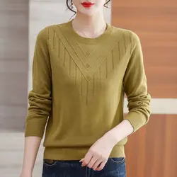 Hook Flower Hollow Autumn Winter Solid Color Pullover Long Sleeve Elegant Sweater Knitted Women's Round Neck Casual Korean Tops