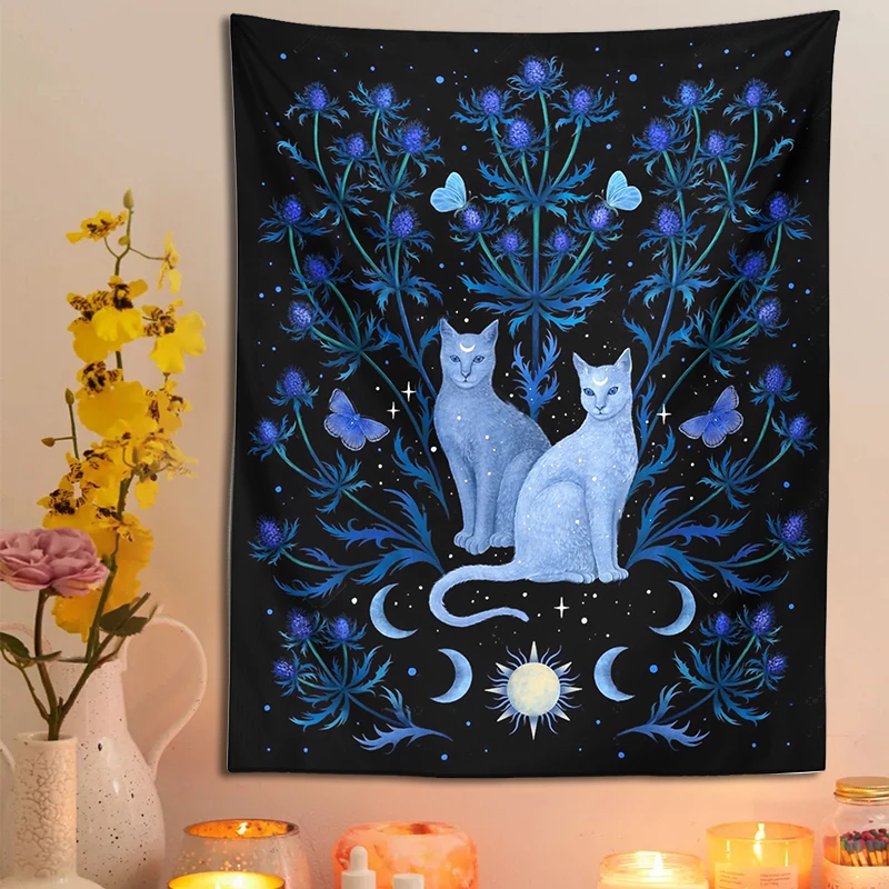 Blue Thistle Cat Tapestry Wall Hanging Psychedelic Moon Sun Moth Cat Leaf Flower Divination Occult Home Wall Black Cool Decor