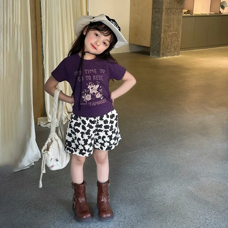 

2025 Summer New Girl's Spicy Girl Style Versatile Cartoon Letter Shoulder Short T-shirt