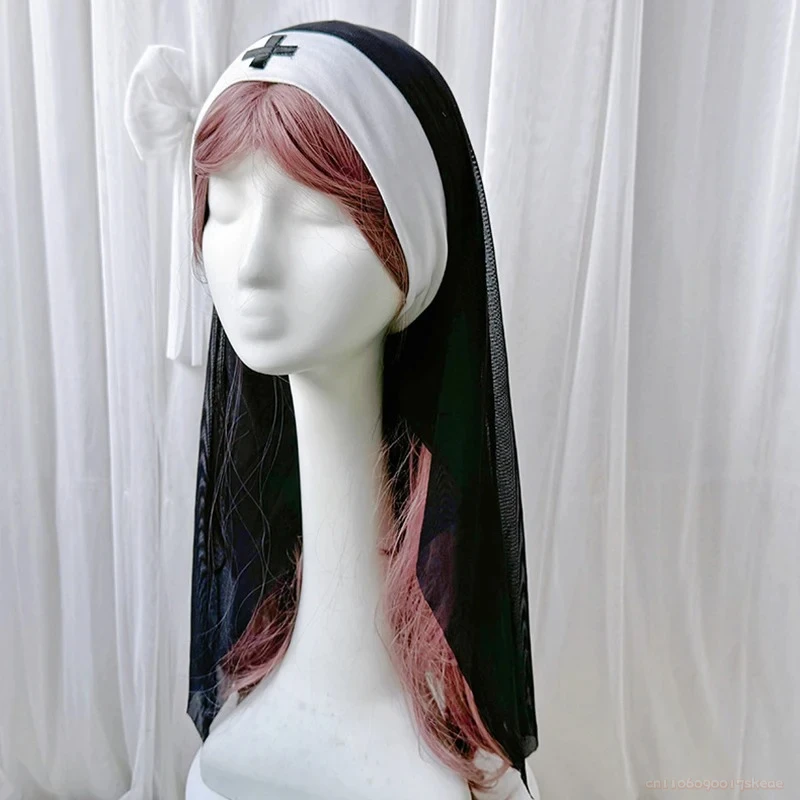 Halloween cruz gótico freira chapéu feminino renda lenço xale véu escuro cocar boné acessórios de fantasia