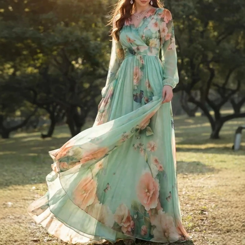 Sweet Floral Print Swing Guests Maxi Dress Fashion Pleated Women's Party Dresses V Neck Long Sleeved High Waisted Autumn Dress