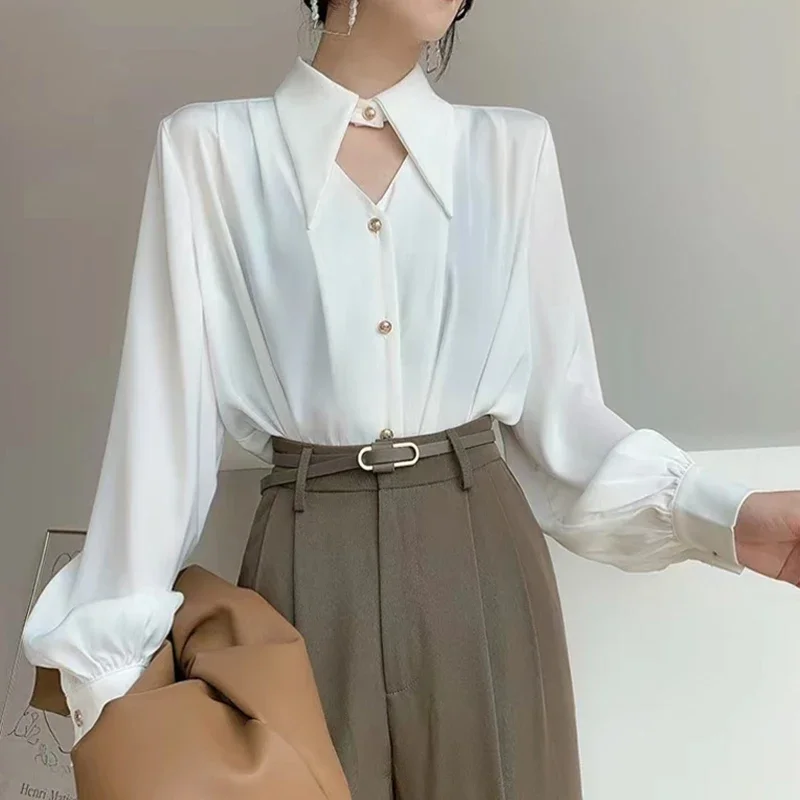 

Fashion Chic White Shirts Women Elegant Office Lady Women Blosue Autumn Turn-down Collar Long Sleeve Elegant Satin Blouses 23440