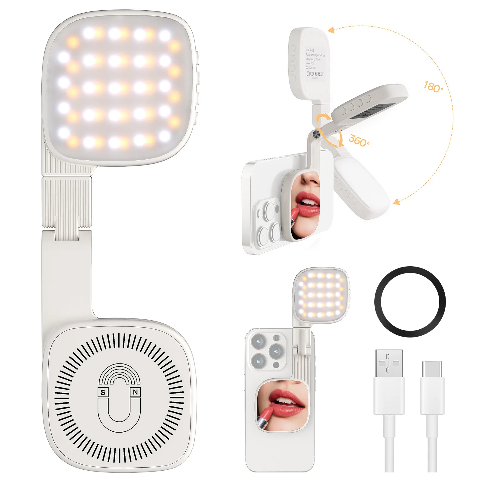 

Magnetic Selfie Light for Phone, [Compatible with MagSafe] CRI95, 3 Modes, 45 LED, 360° Rotatable Phone Light with Foldable Mirror, Portable Selfie Ring Light for Zoom Makeup Video Conference