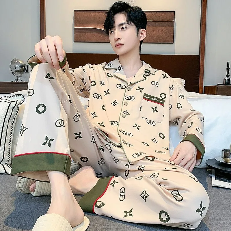 Men Pajamas Spring Autumn High-End Pure Cotton Long-Sleeved Sleepwear Male Large Size Homewear Suit Casual Printed Nightclothes