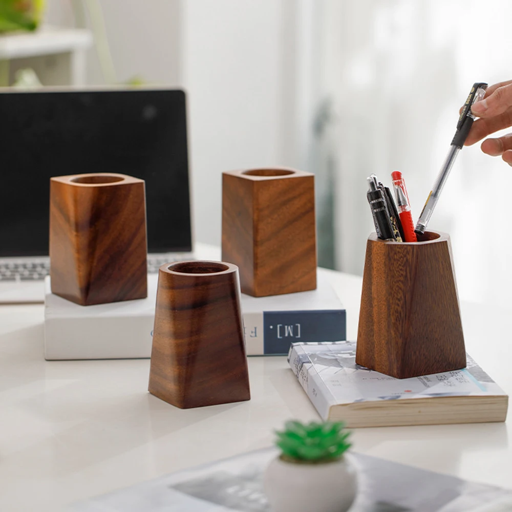 

Retro Wood Pen Holder Simple Large-capacity Storage Pencil Box Portable Makeup Brush Holder Table Multi-function Organizer Pot