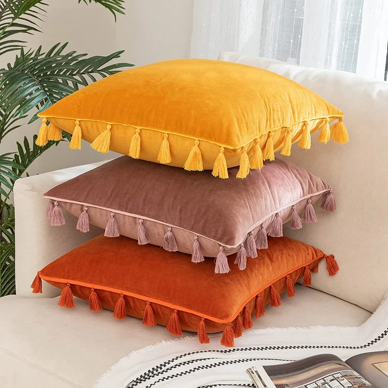 Velvet Soft Solid Decorative Throw Pillow Cover with Tassels Boho Accent Luxury Gift Cushion Case for Couch Bedroom Car Yellow