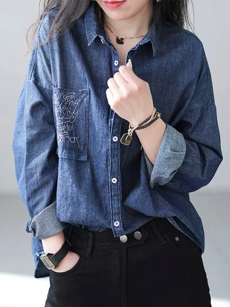 

Свободная женская джинсовая куртка irt Jaet, весенний сезон, длинный воротник-свек на пуговицах, вышитая Ba, винтажная верхняя одежда