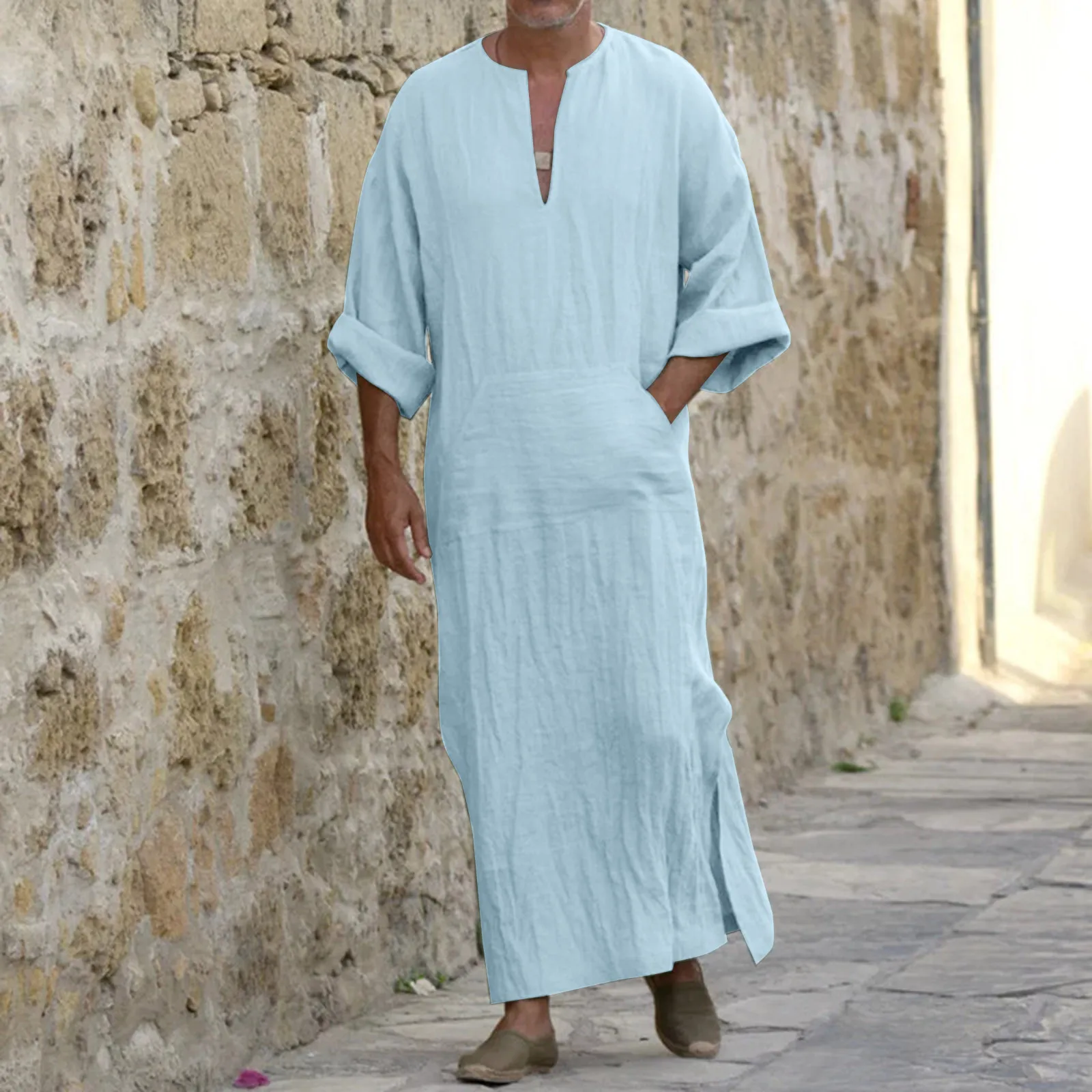 Robe de printemps en coton monochrome pour hommes, t-shirt long tendance, manches mi-longues, col rond, fente latérale, caftan décontracté