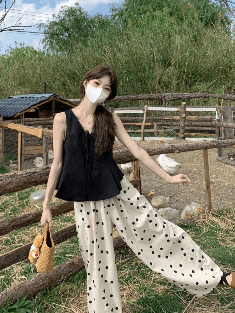 

Women’s Summer Casual 2 Piece Set 2026 Petite Fit Tie Back Camisole Polka Dot Wide Leg Pants Lightweight Outfit for Trendy Look