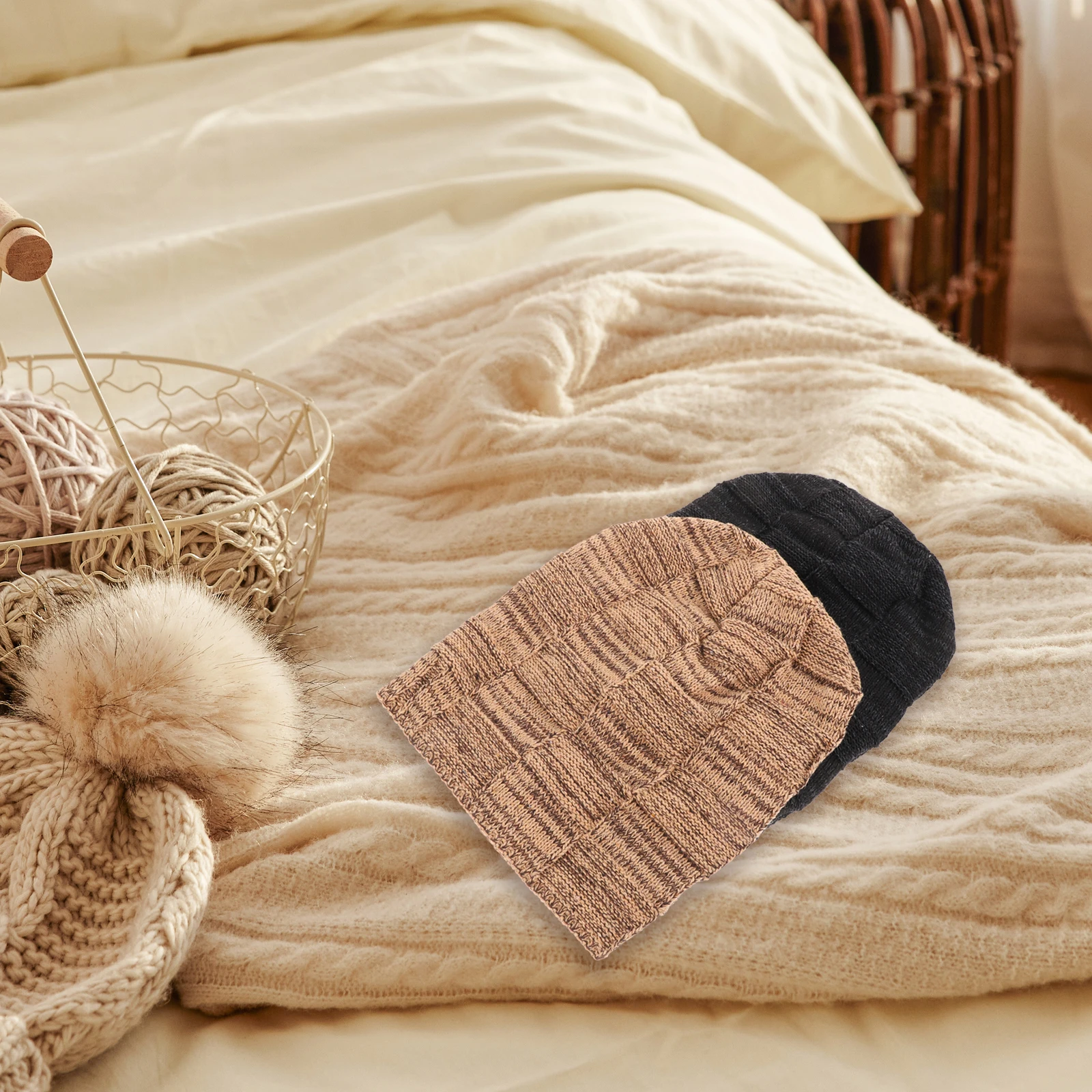 

2 Pcs Warm Knitted Hat for Men Thickened Beanie Wool Polyester Black Cardigan Autumn Winter Daily Outdoor Soft Safe