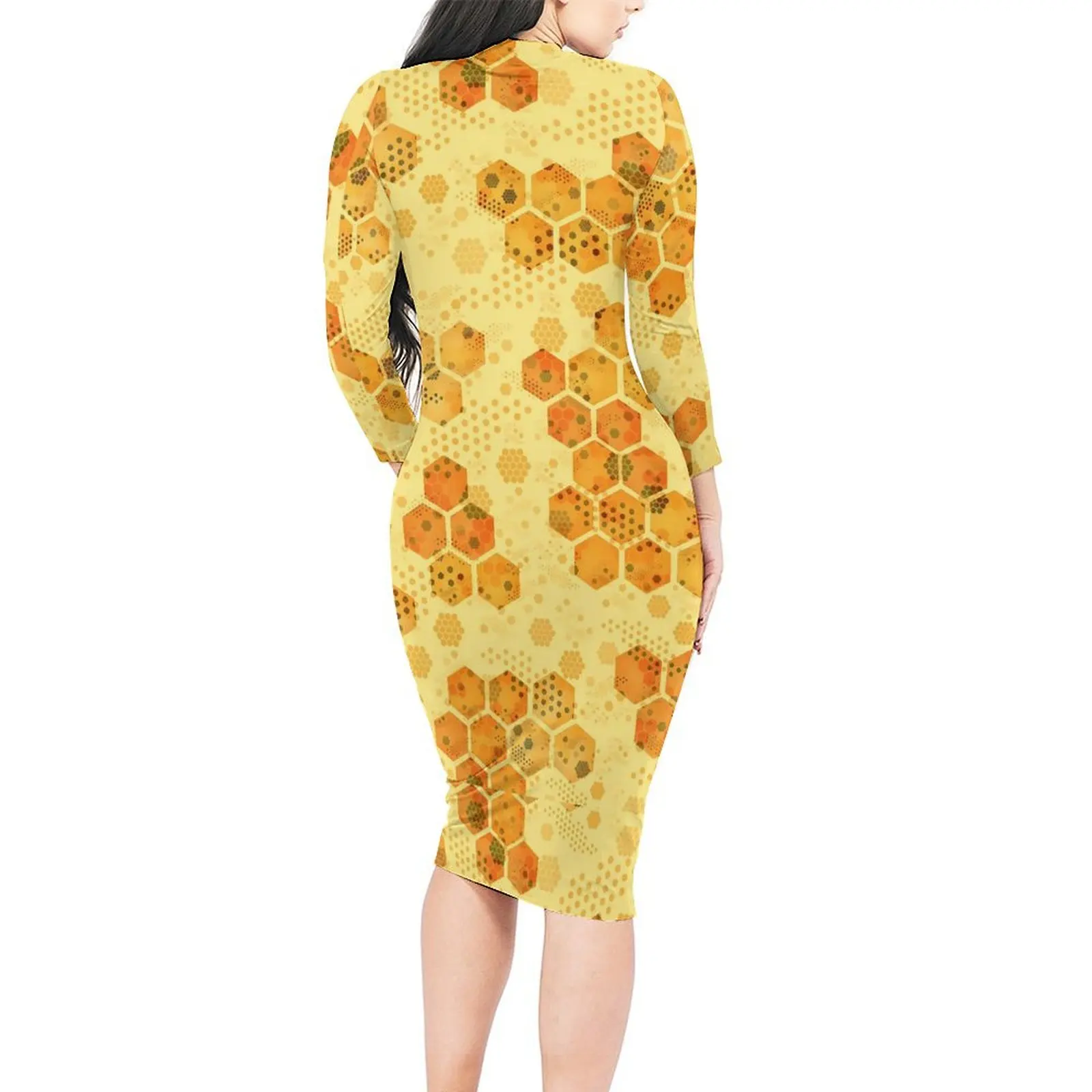 Bee Hives Dress Woman Geometric Print Aesthetic Bodycon Dress Autumn Long Sleeve Retro Dresses Pattern Oversized Vestidos