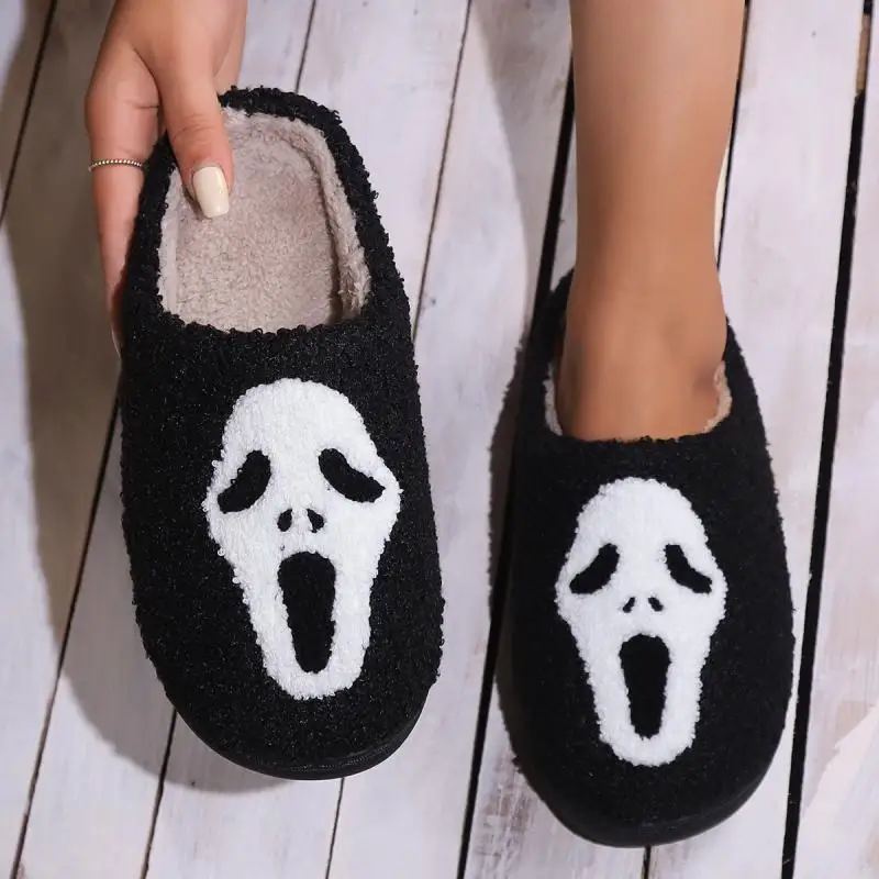 

Halloween Platform Slippers Women Home Skull Designer Shoes Girls Winter Cartoon Casual House Fluffy Slides Soft Warm Large Size