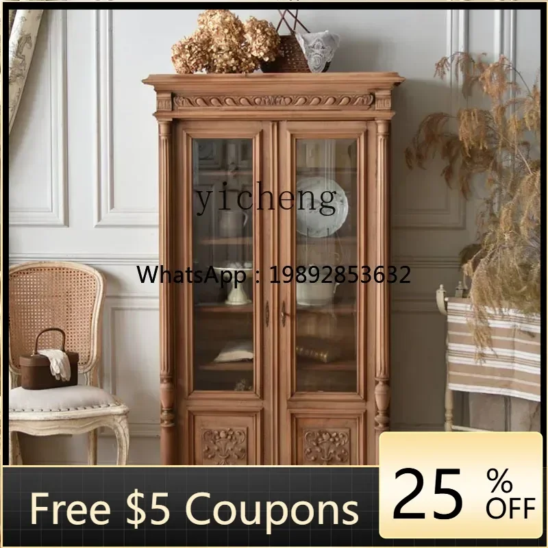 

D1French Retro Solid Wood Sideboard Storage Cabinet Home Living Room Carved Wall-Mounted Wine Cabinet Glass Display Cabinet