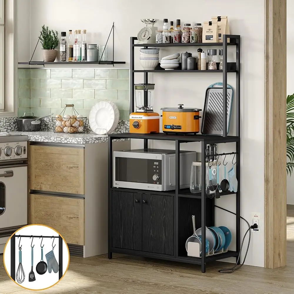 5-Tier Kitchen Bakers Ra With Power Outlet, Industrial Microwave Oven Stand With Storage, Kitchen Bakers Rank With Cabinet,