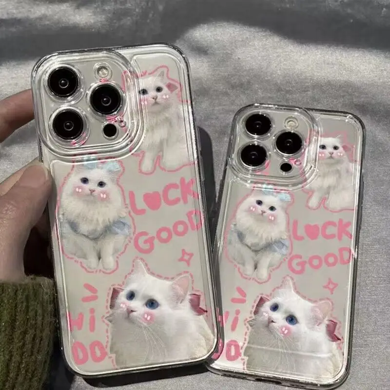 Beauty White Cat Pattern Phone Case For iPhone 16 15 14 13 12 11 Pro Max XS 7 8 Plus Transparent Soft Shockproof Silicone Cover