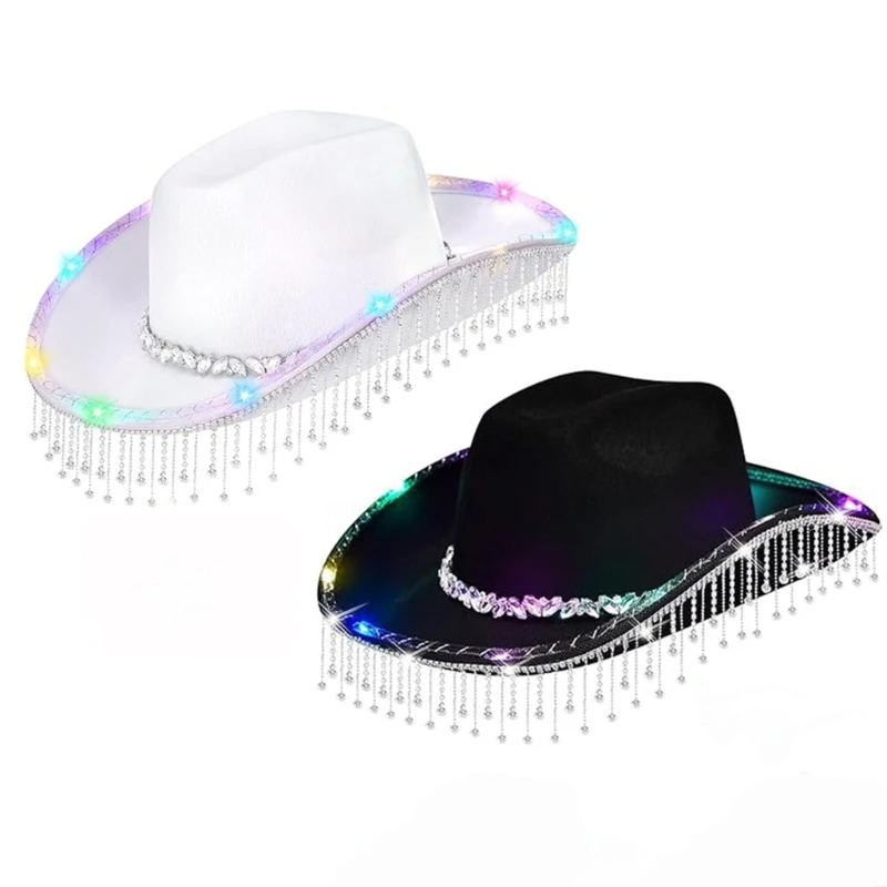 

Cowgirl Hat Panama Light Up Cowboy Hat Glowing Panama Hat for Music Festivals Crystal Tassels Cowboy Hat