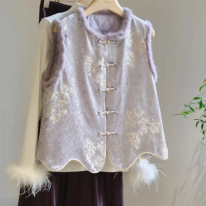 

Фиолетовая меховая жаккардовая куртка, китайский женский жилет без рукавов, пальто с круглым вырезом, топы на пуговицах в виде лягушки, осень-зима