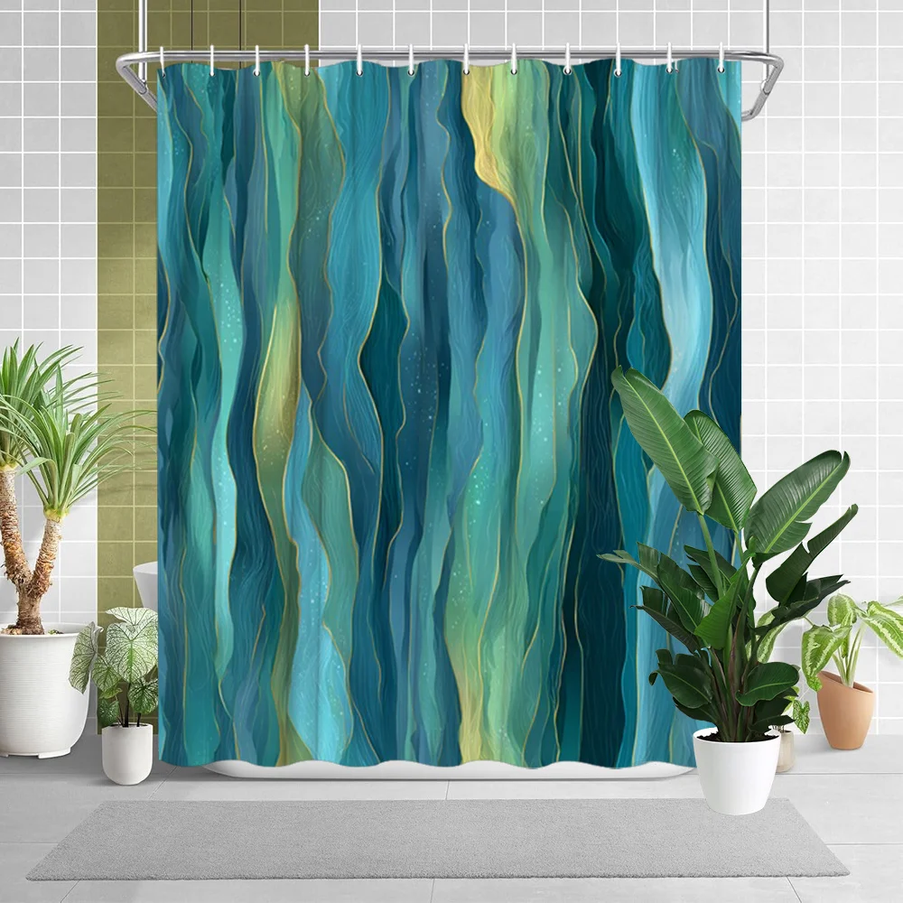 Abstract Ocean Waves Shower Curtain  Blue Teal Green Gradient with Golden Lines, Fluid Art Bath Curtain for Modern Home Decor