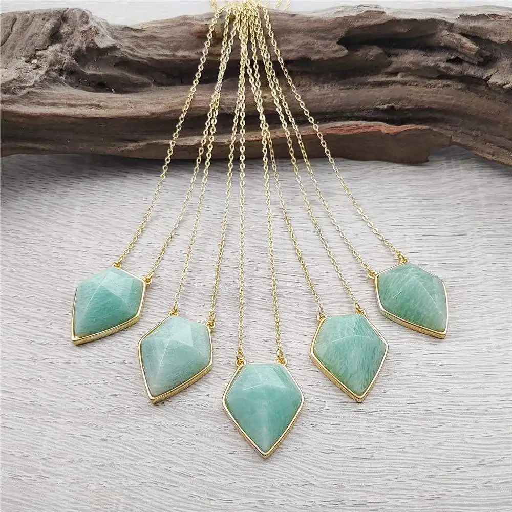 FUWO Wholesale Natural Amazonite Neckace,Faceted Pendulum Green Stone Shield Jewelry Pendant For Women NC237 5 Pieces/Lot