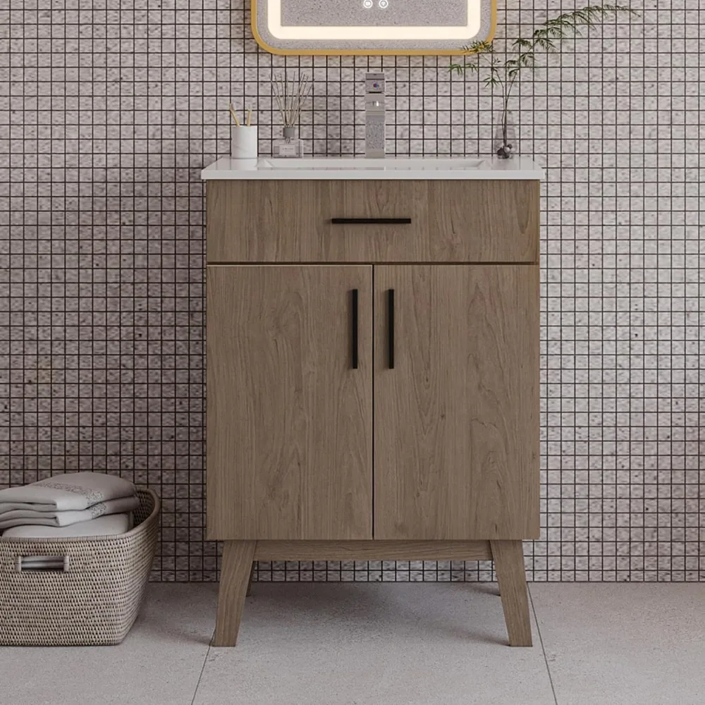 

24" Bathroom Vanity with Sink, Vanity Combo with Two Soft Close Cabinet Doors, Modern Single Bathroom Cabinet Set with Metal Han
