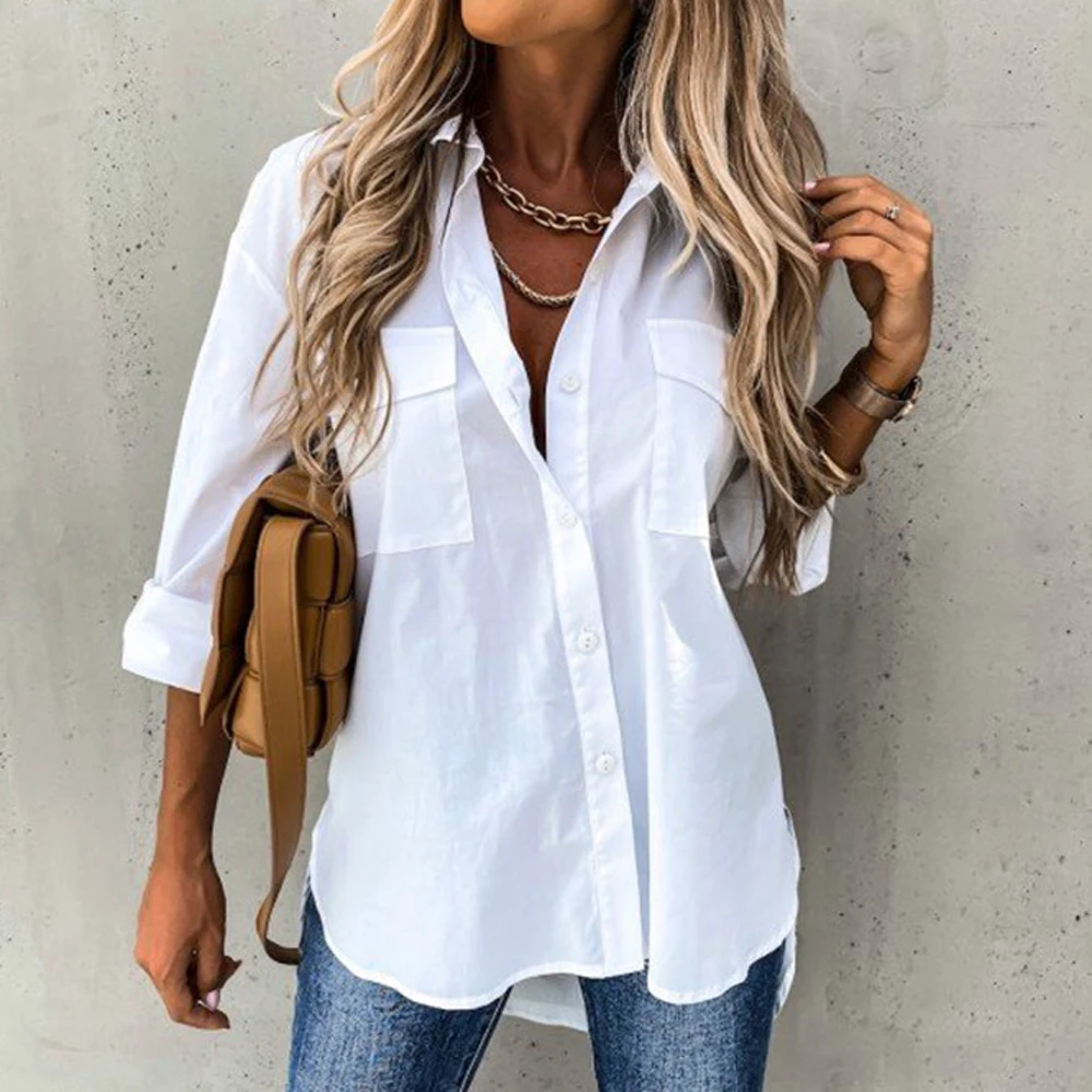 

Осень-весна, свободная белая, черная блузка на пуговицах, топы, повседневная женская рабочая одежда, нерегулярная блузка с длинными рукавами, рубашки
