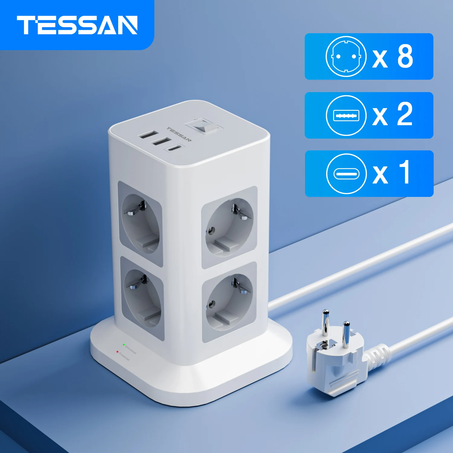 

TESSAN Tower Power Strip Multi Outlets with 2 USB +1 Type C 2M Extension Cable EU Plug Vertical Electric Socket Surge Protection