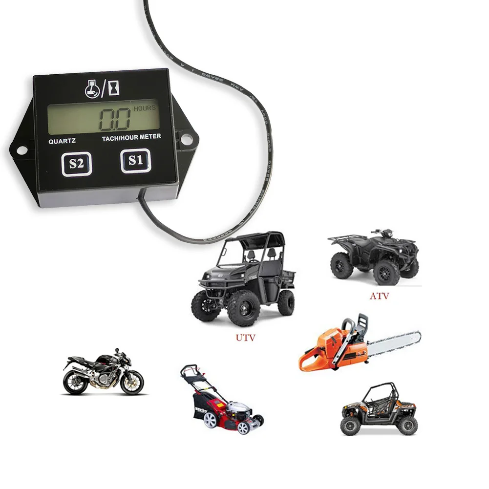 Medidor de horas de tacómetro de motor digital Pantalla LCD Tacómetro Medidor de RPM de motor Reajustable A prueba de salpicaduras para motor de carrera de motocicleta
