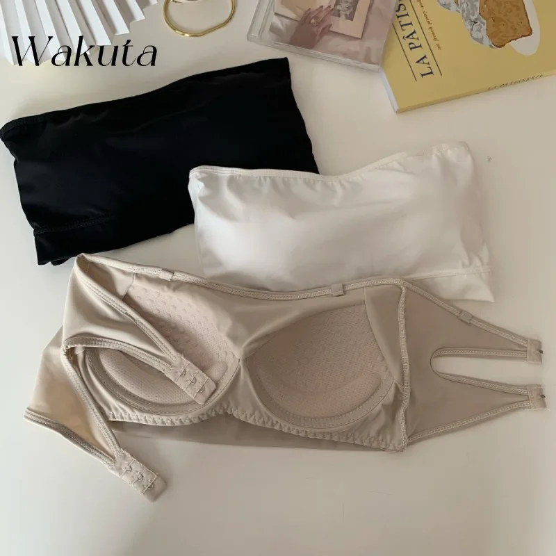 WAKUTA Korean Retro Strapless Ice Silk Underwear Bra Fixed Cup Underwear Beauty Back Anti-glare Bust Female Wrap Tank Crop Tops