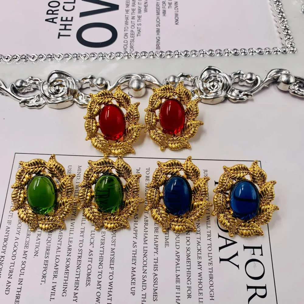 Medieval Vintage Western Retro Pleated Leaf Oval Oval Glass 925 Sterling Silver Needle Stud Earrings Old Rich Women Style